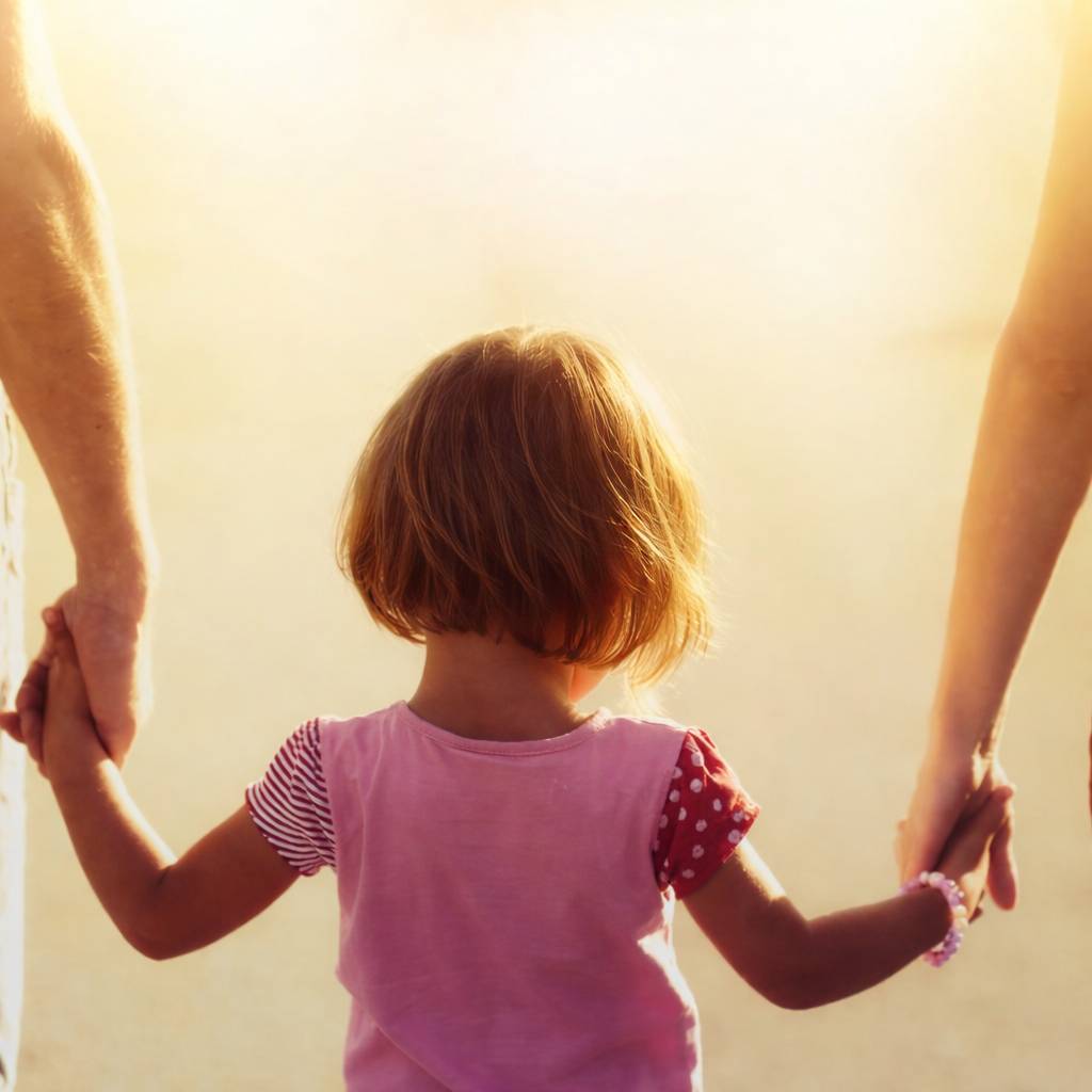 Uma criança pequena segurando as mãos de dois adultos, caminhando juntos em direção a uma luz dourada e acolhedora.