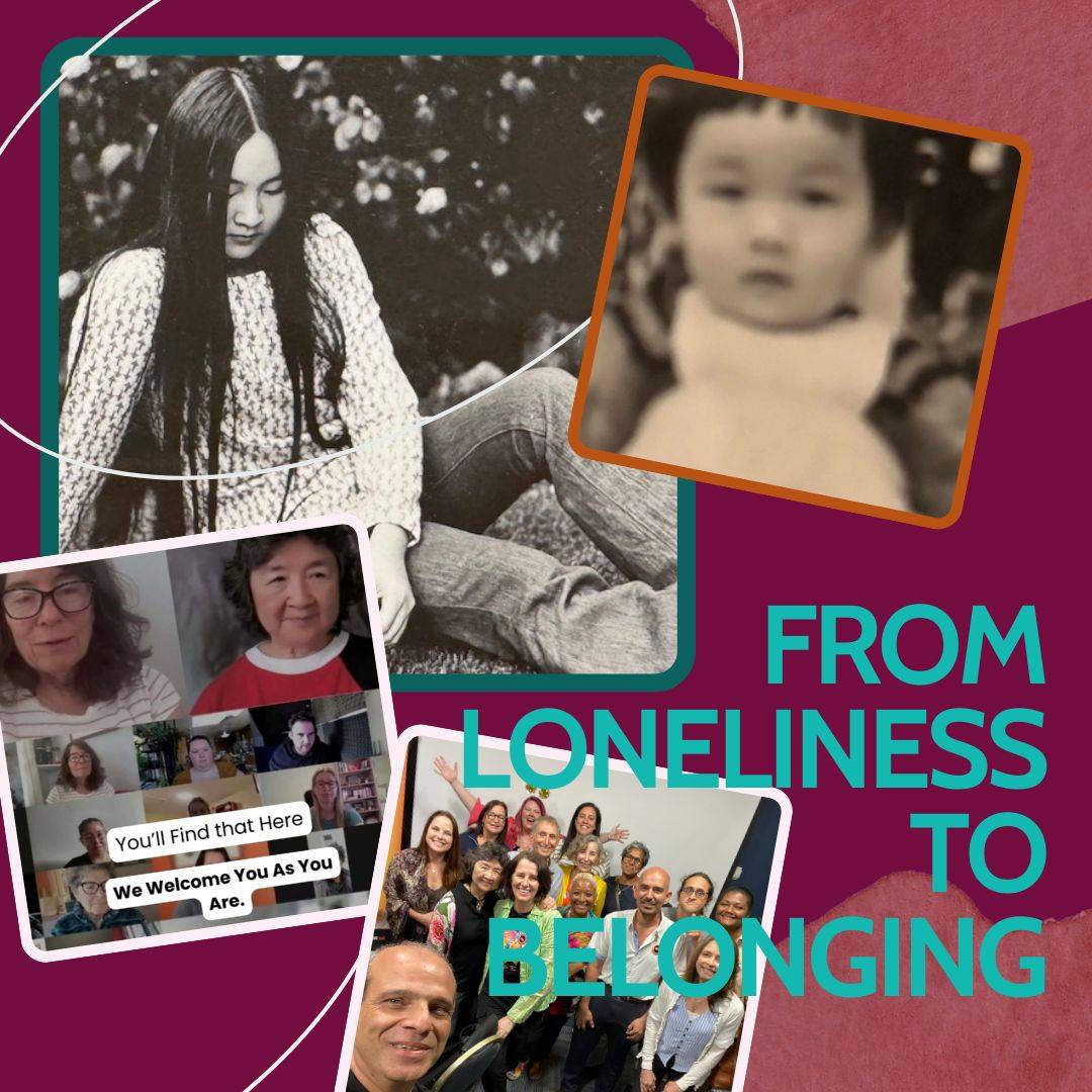 Uma colagem de fotos intitulada 'From Loneliness to Belonging' (Da solidão ao pertencimento) — Mavis Tsai jovem e ainda bebê, um encontro de comunidade on-line e amigos reunidos.
